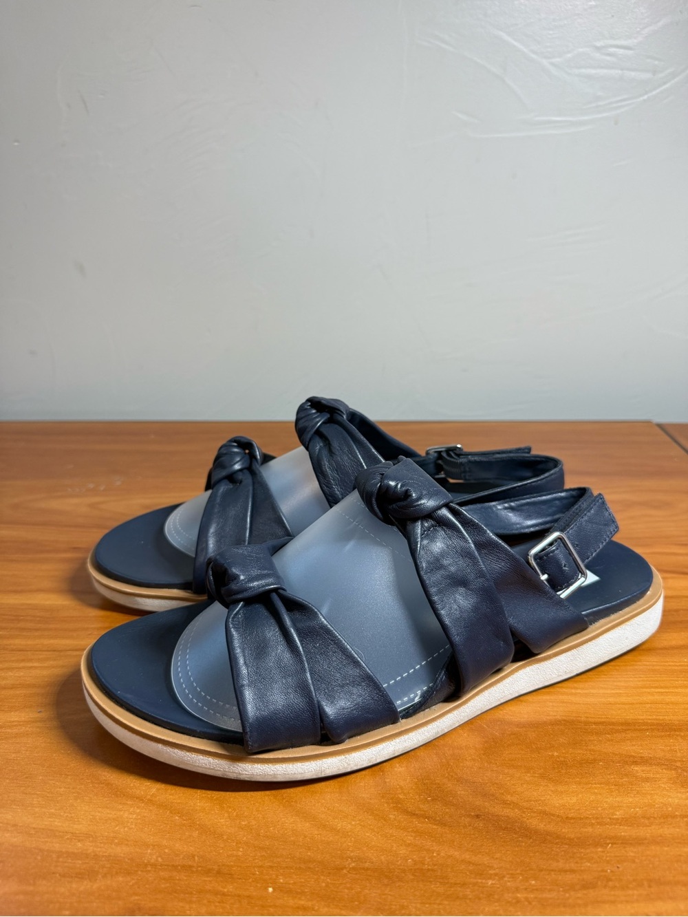 Marks & Spencer Wide Fit Navy Blue Leather Sandals Twist Slingback‎ Flat Comfort